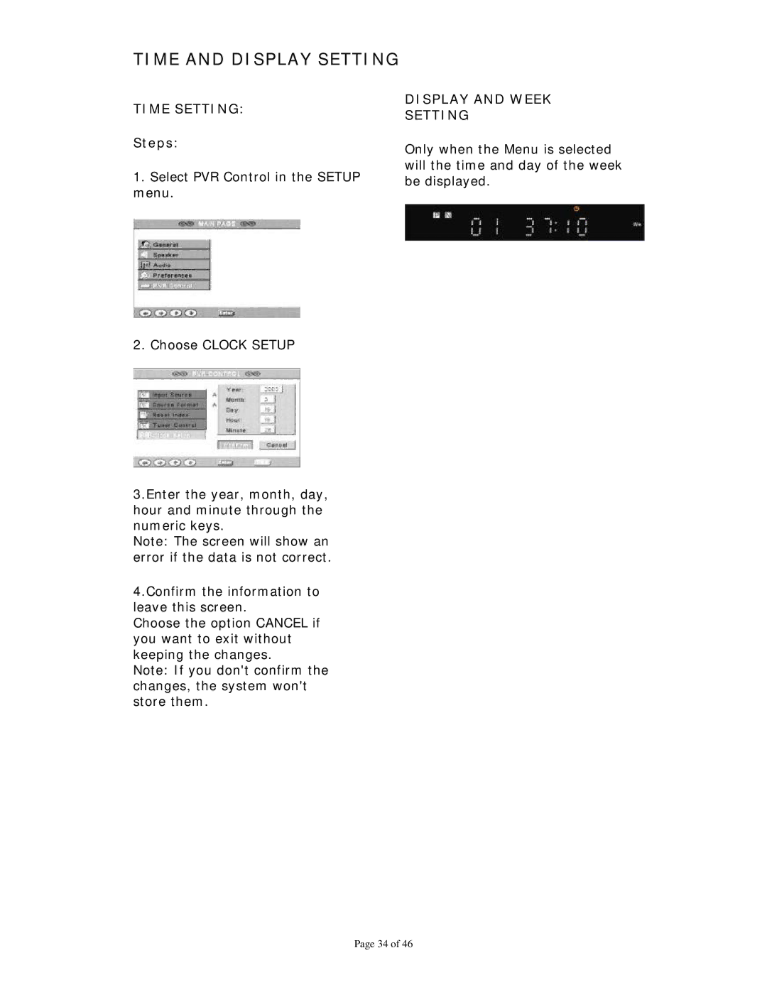 Dolby Laboratories Personal Video Recorder user manual Time and Display Setting, Time Setting 