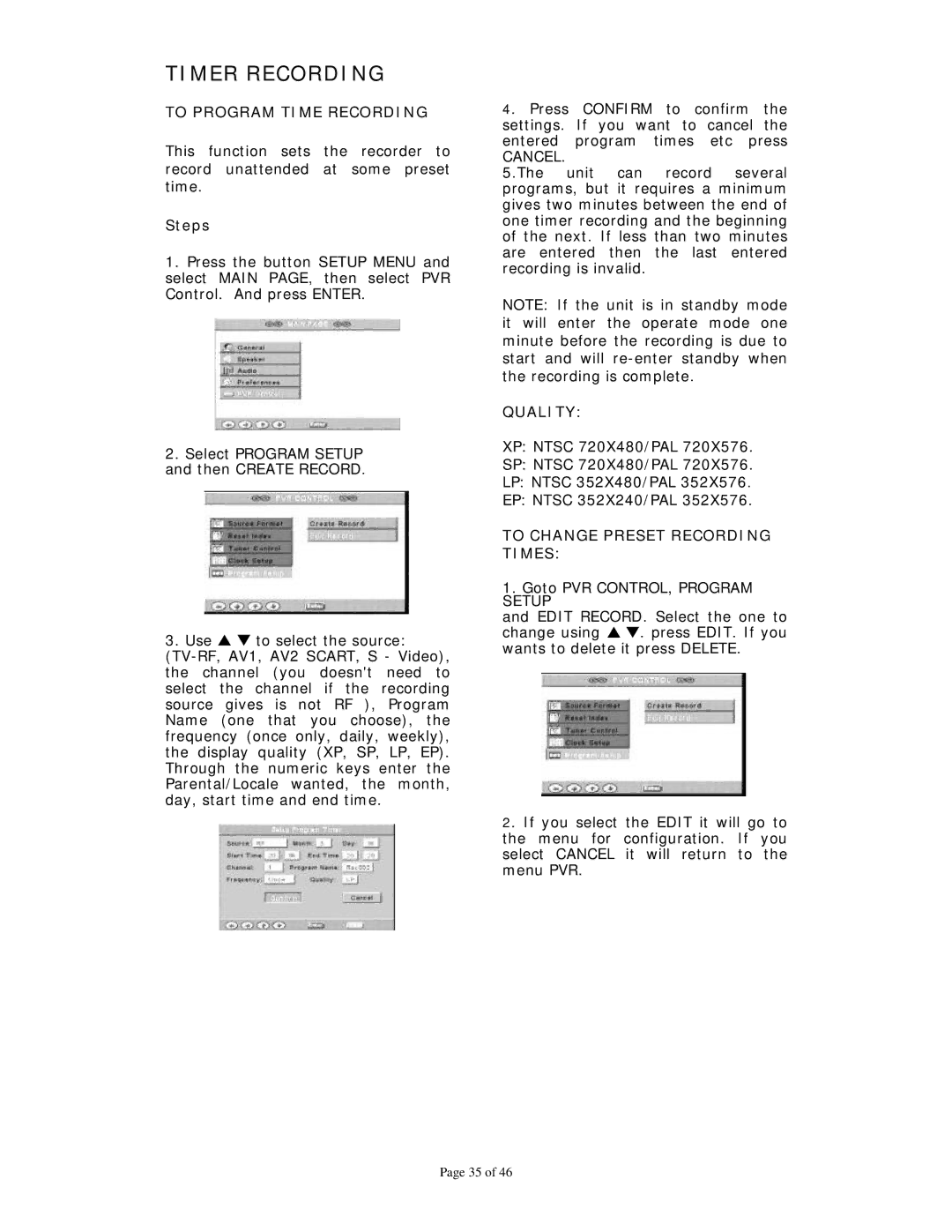 Dolby Laboratories Personal Video Recorder user manual Timer Recording, To Program Time Recording, Steps, Quality 