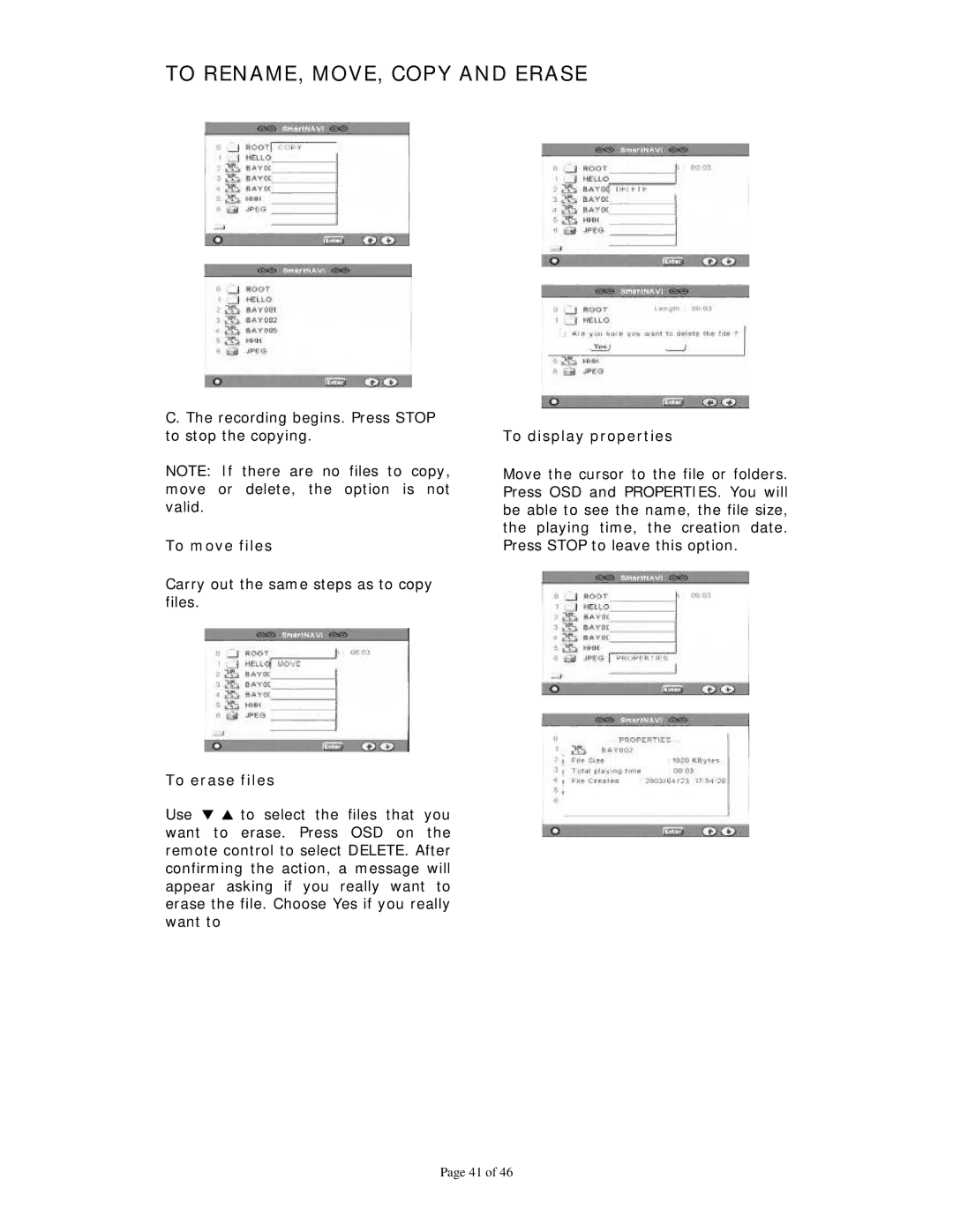 Dolby Laboratories Personal Video Recorder user manual To RENAME, MOVE, Copy and Erase, To move files, To erase files 