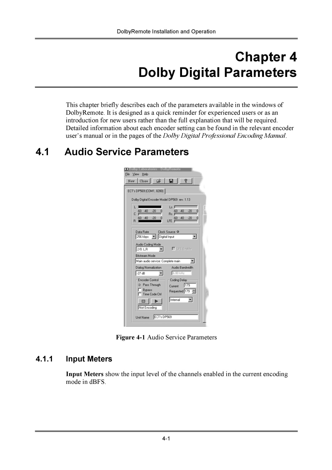 Dolby Laboratories P/N 91659 manual Audio Service Parameters, Input Meters 