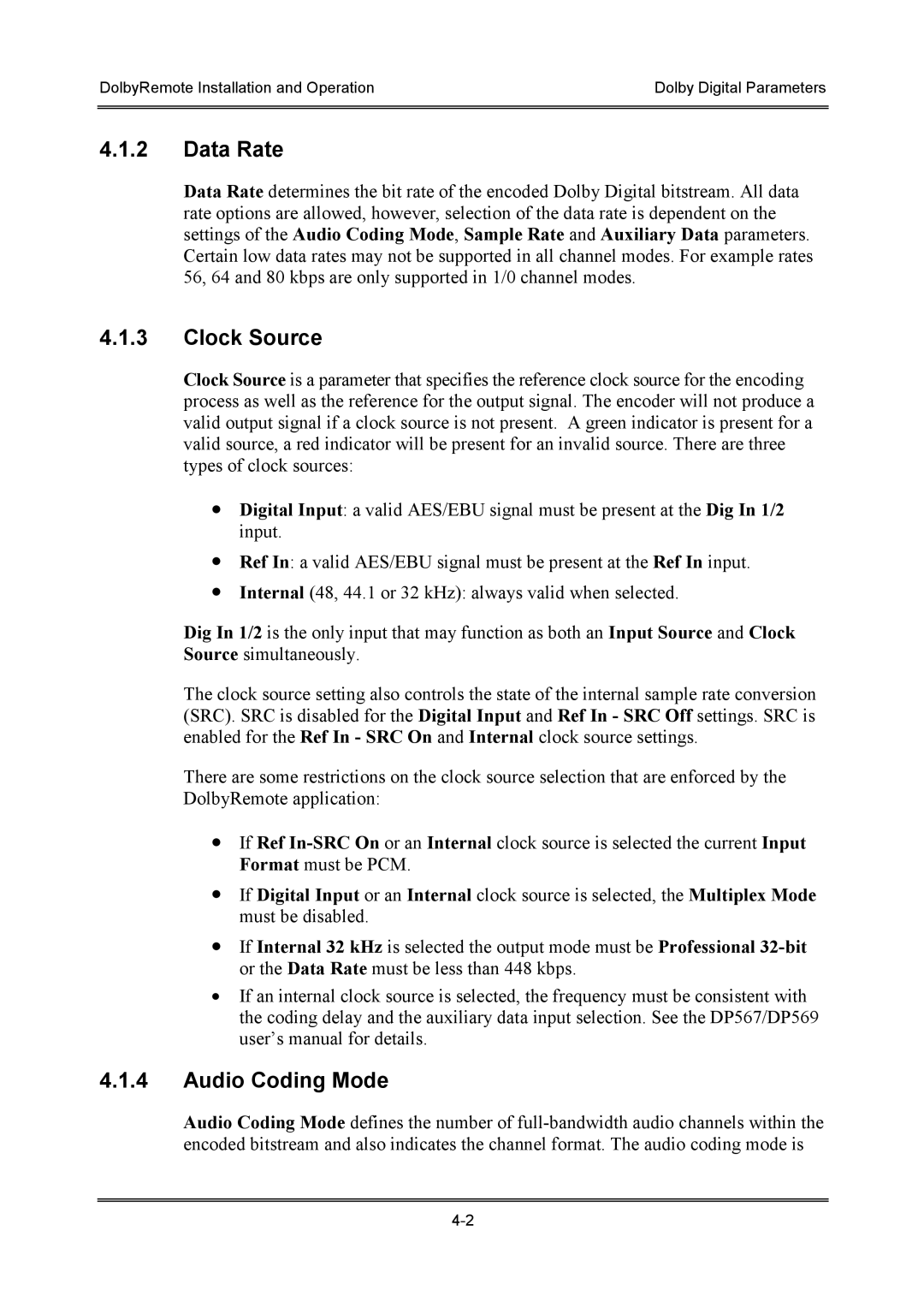 Dolby Laboratories P/N 91659 manual Data Rate, Clock Source, Audio Coding Mode 