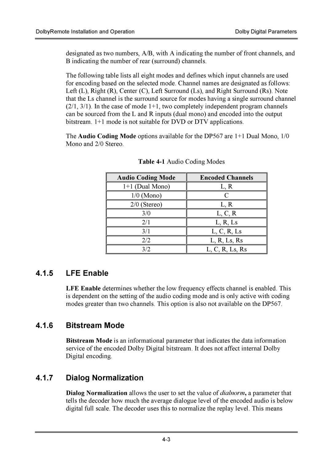 Dolby Laboratories P/N 91659 manual LFE Enable, Bitstream Mode, Dialog Normalization 