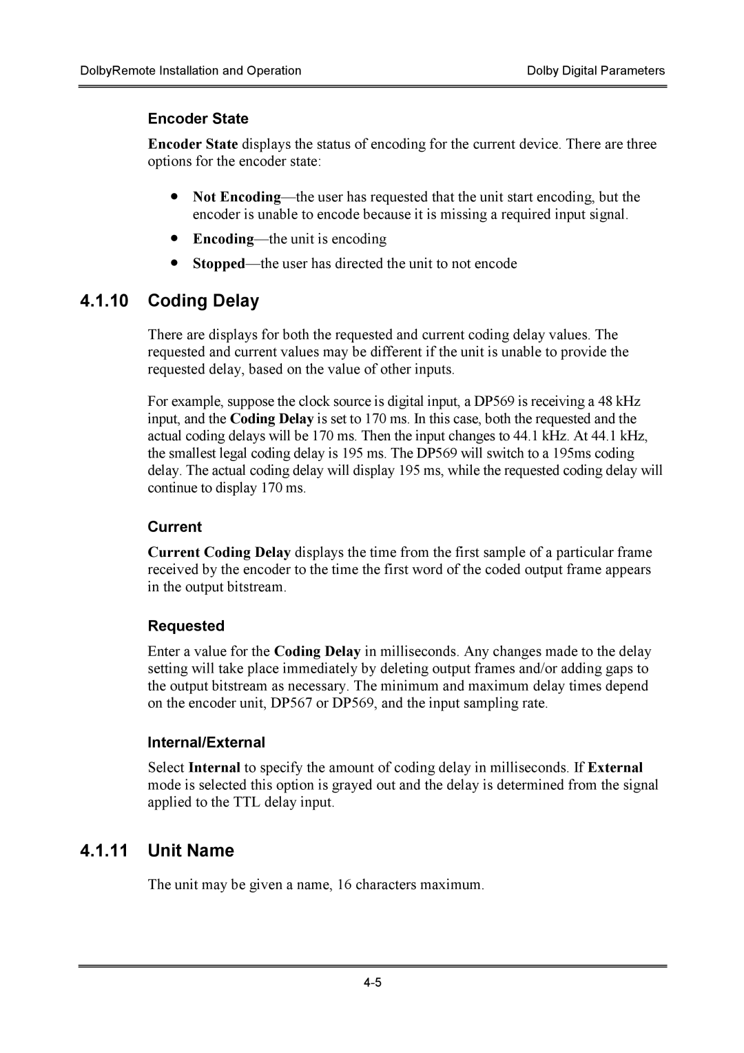 Dolby Laboratories P/N 91659 manual Coding Delay, Unit Name 