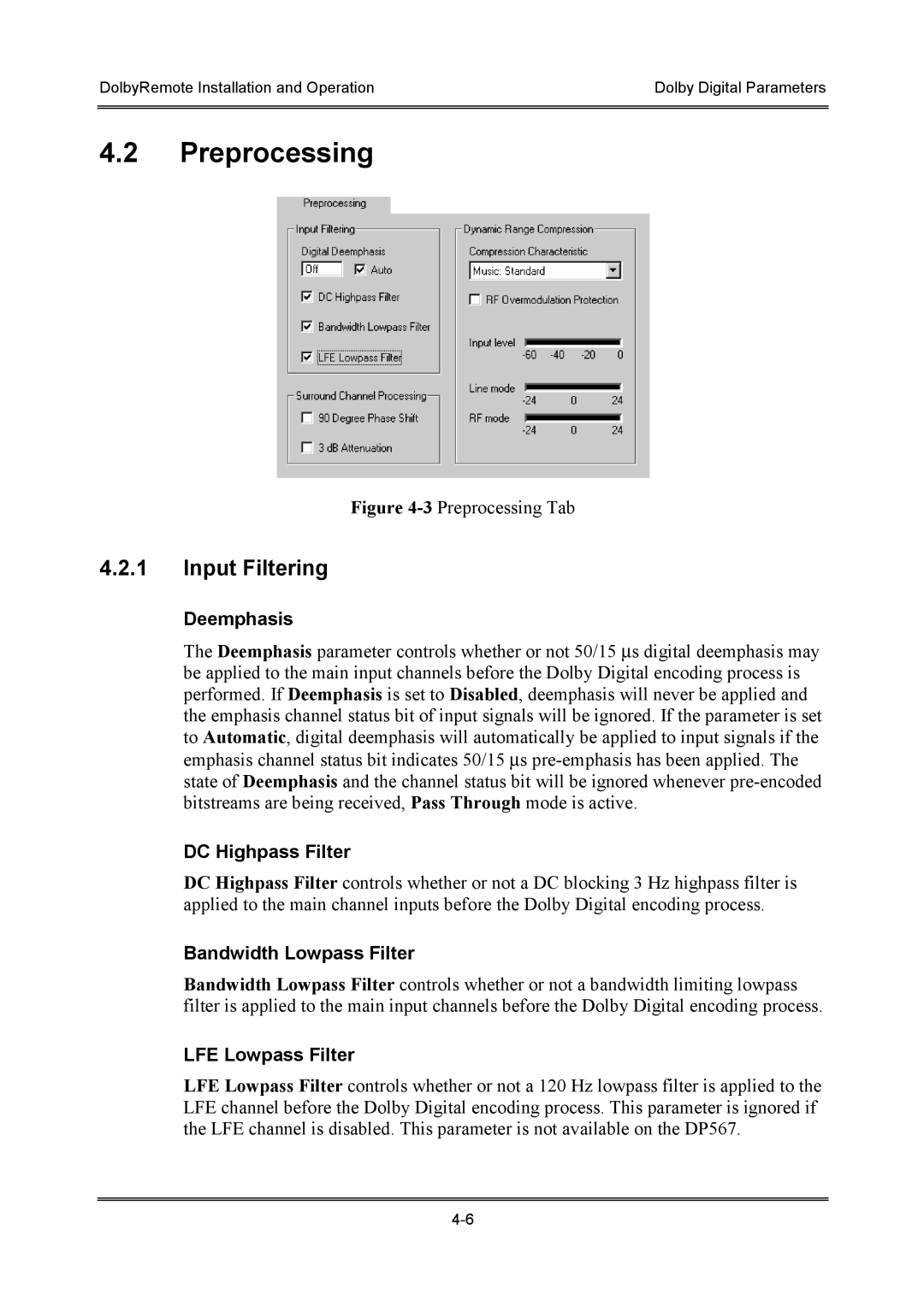 Dolby Laboratories P/N 91659 manual Preprocessing, Input Filtering 