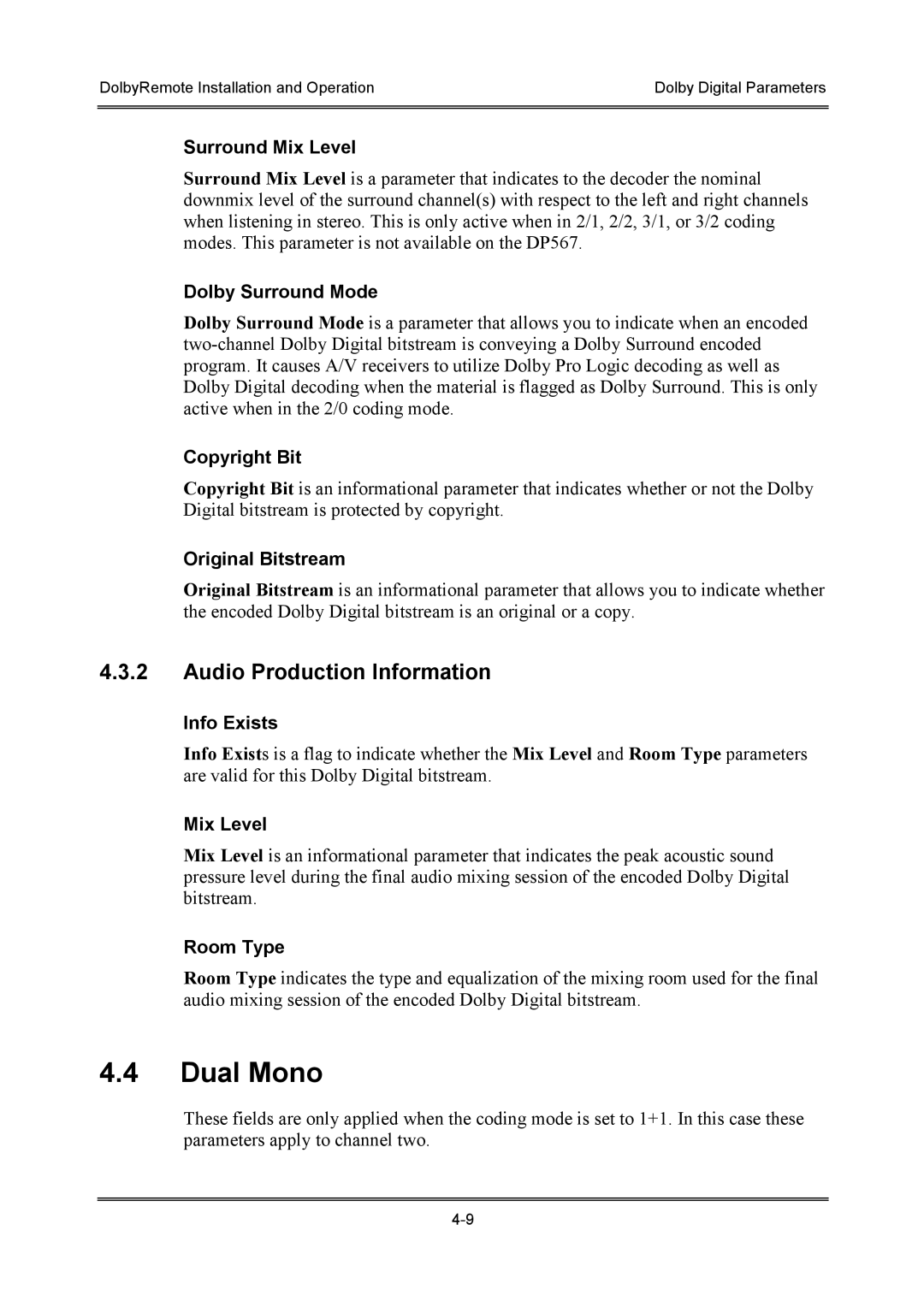 Dolby Laboratories P/N 91659 manual Dual Mono, Audio Production Information 