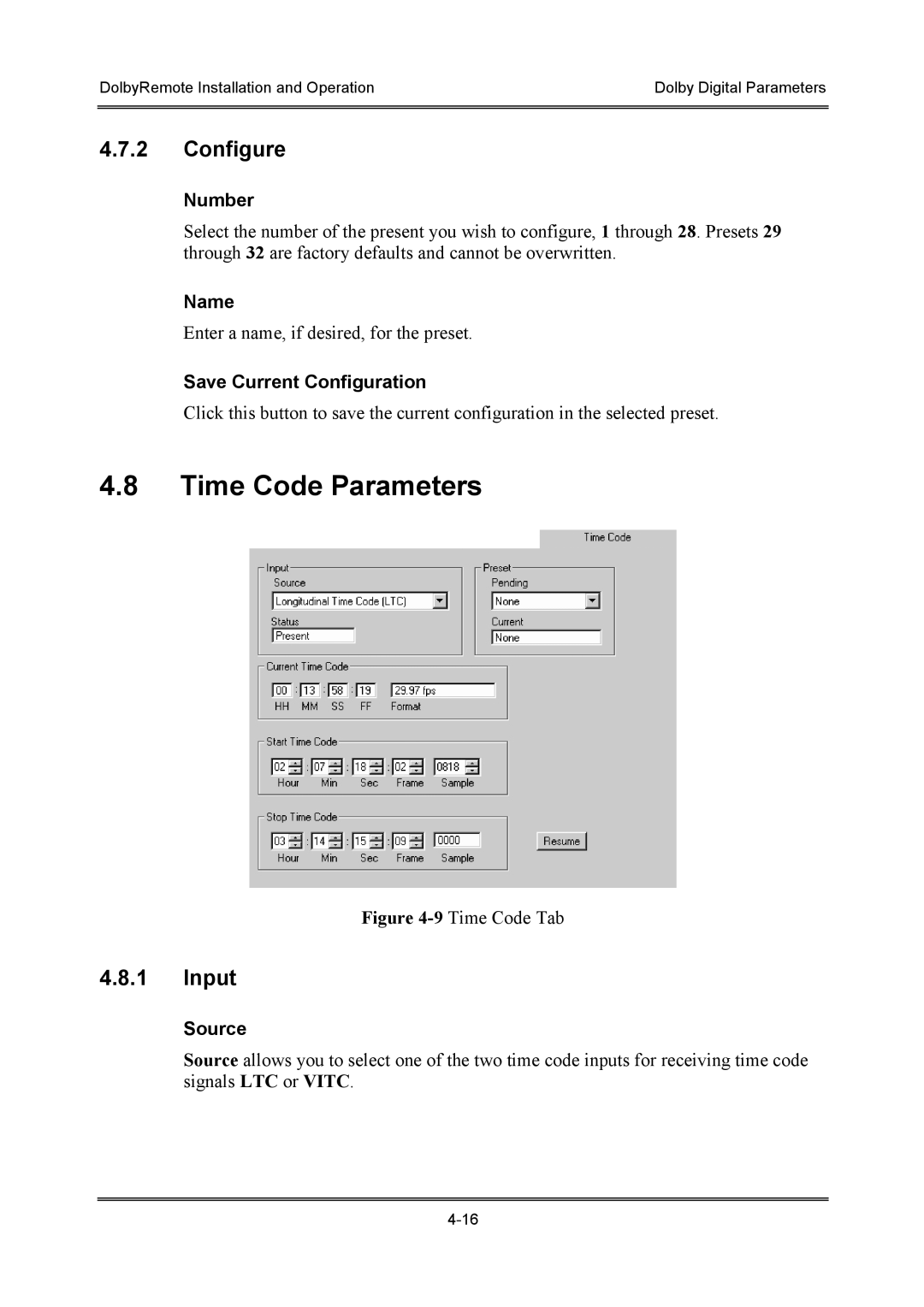 Dolby Laboratories P/N 91659 manual Time Code Parameters, Configure, Number, Name, Save Current Configuration 