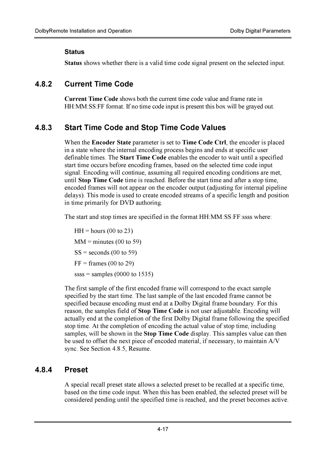 Dolby Laboratories P/N 91659 manual Current Time Code, Start Time Code and Stop Time Code Values, Preset, Status 