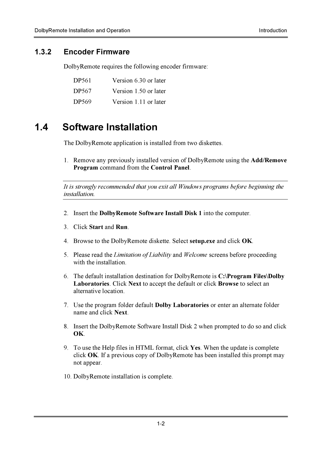 Dolby Laboratories P/N 91659 manual Software Installation, Encoder Firmware 