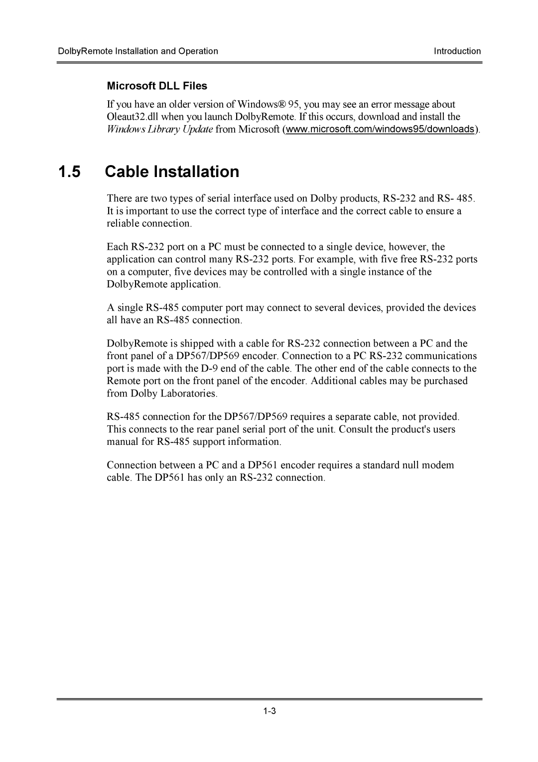 Dolby Laboratories P/N 91659 manual Cable Installation, Microsoft DLL Files 