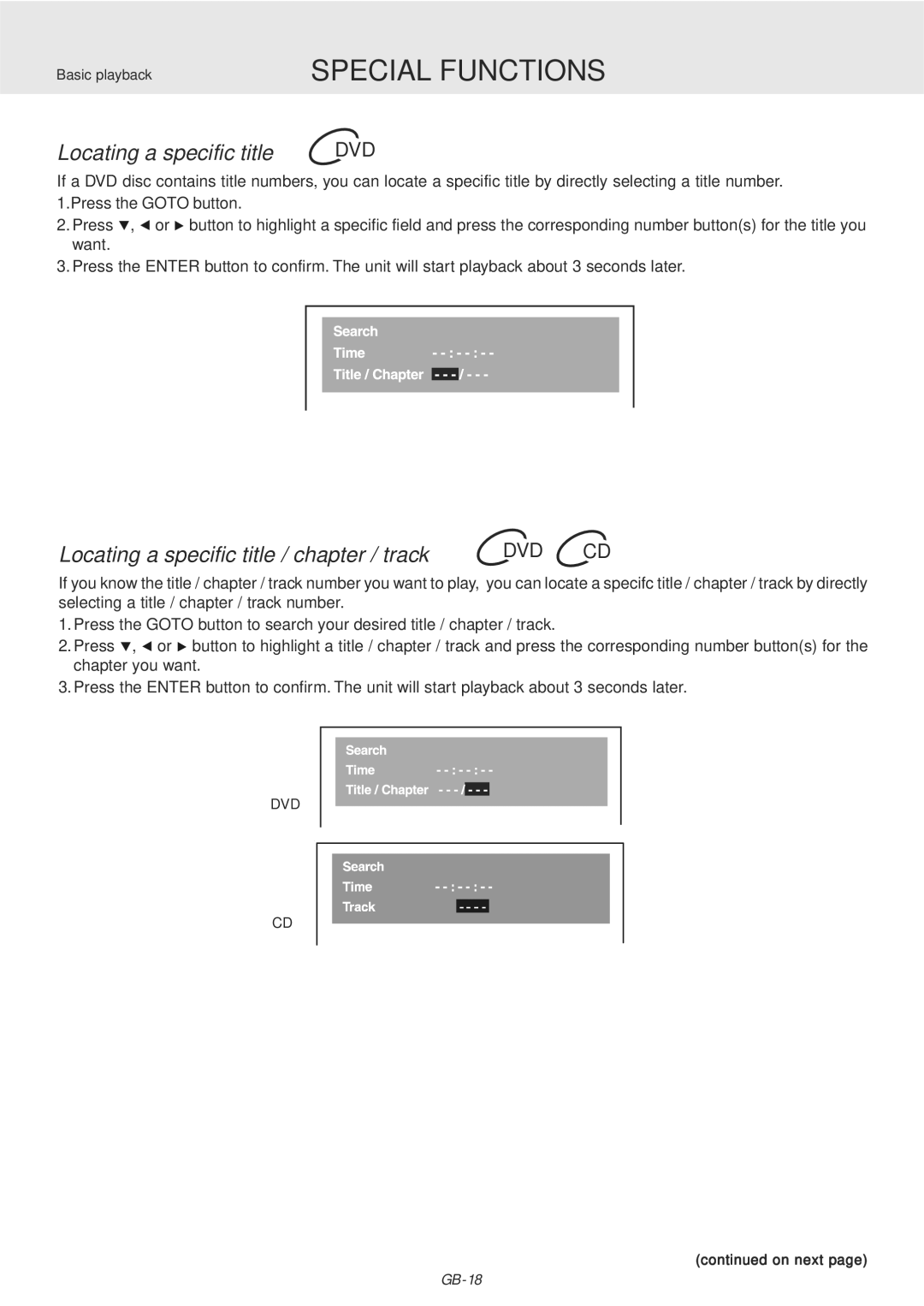 Dolby Laboratories PVS177SG manual Locating a specific title DVD, Locating a specific title / chapter / track 