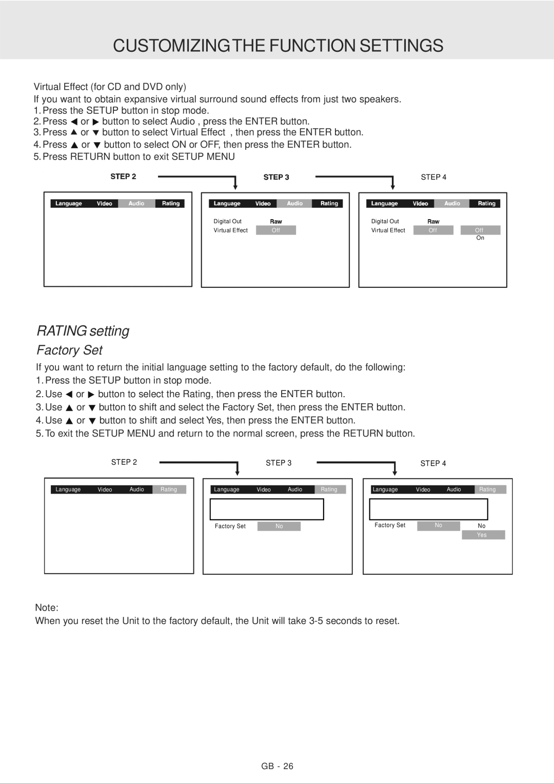 Dolby Laboratories PVS177SG manual Rating setting, Factory Set, Virtual Effect for CD and DVD only 