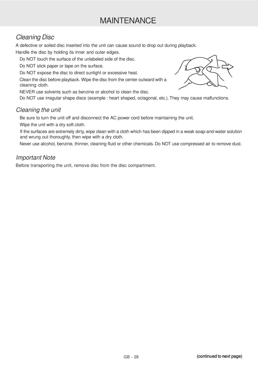 Dolby Laboratories PVS177SG manual Maintenance, Cleaning Disc, Cleaning the unit, Important Note 