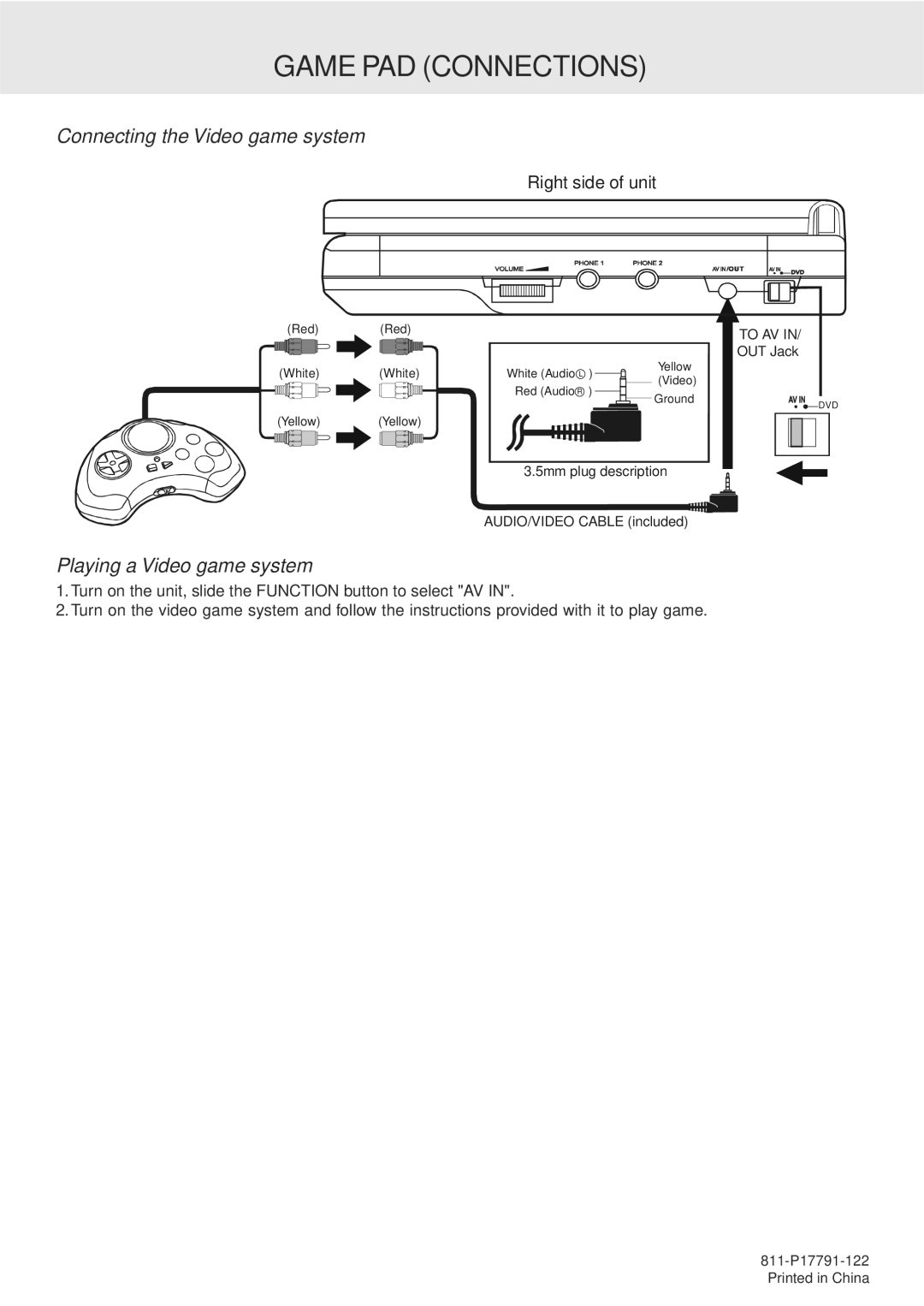 Dolby Laboratories PVS177SG manual Game PAD Connections, Connecting the Video game system, Playing a Video game system 