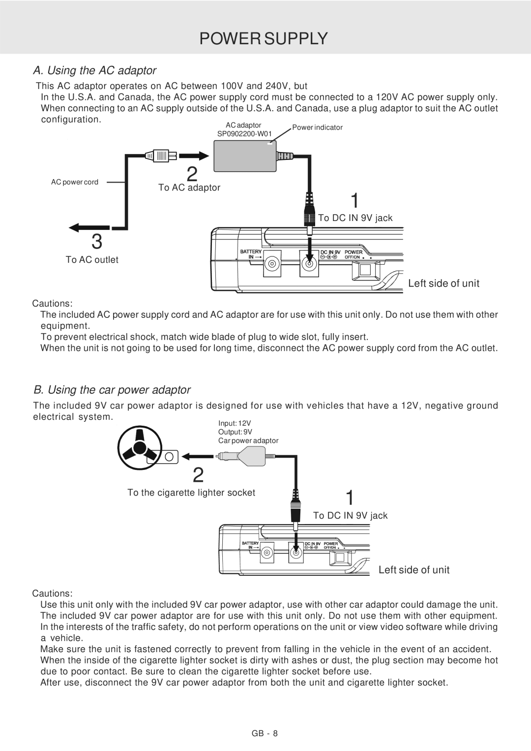 Dolby Laboratories PVS177SG manual Power Supply, Using the AC adaptor, Using the car power adaptor 