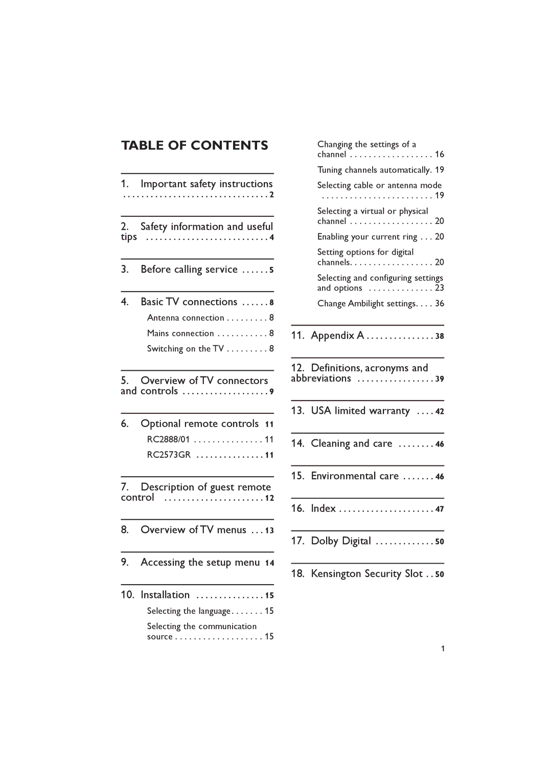 Dolby Laboratories RC2573GR, RC2888/01 important safety instructions Table of Contents 