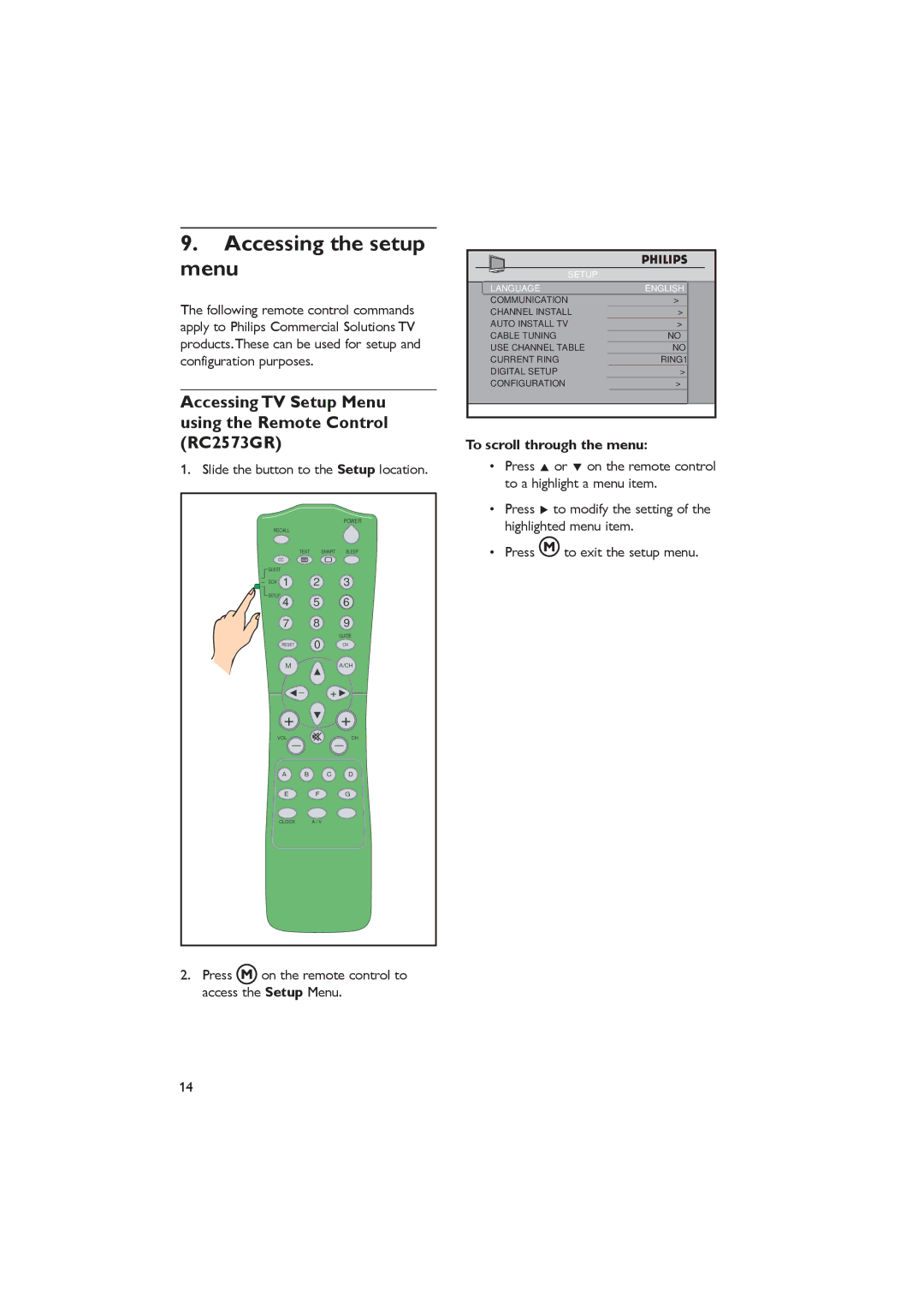 Dolby Laboratories RC2888/01 Accessing the setup menu, Accessing TV Setup Menu using the Remote Control RC2573GR 