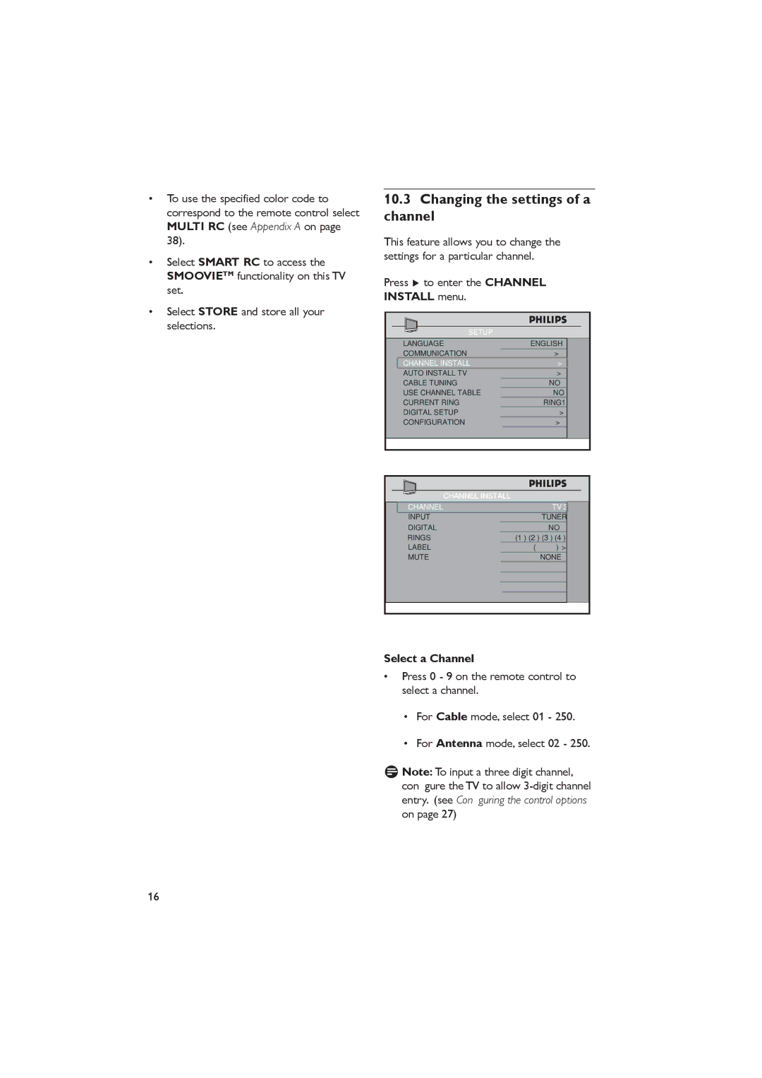 Dolby Laboratories RC2888/01, RC2573GR Changing the settings of a channel, Press Æ to enter the Channel Install menu 