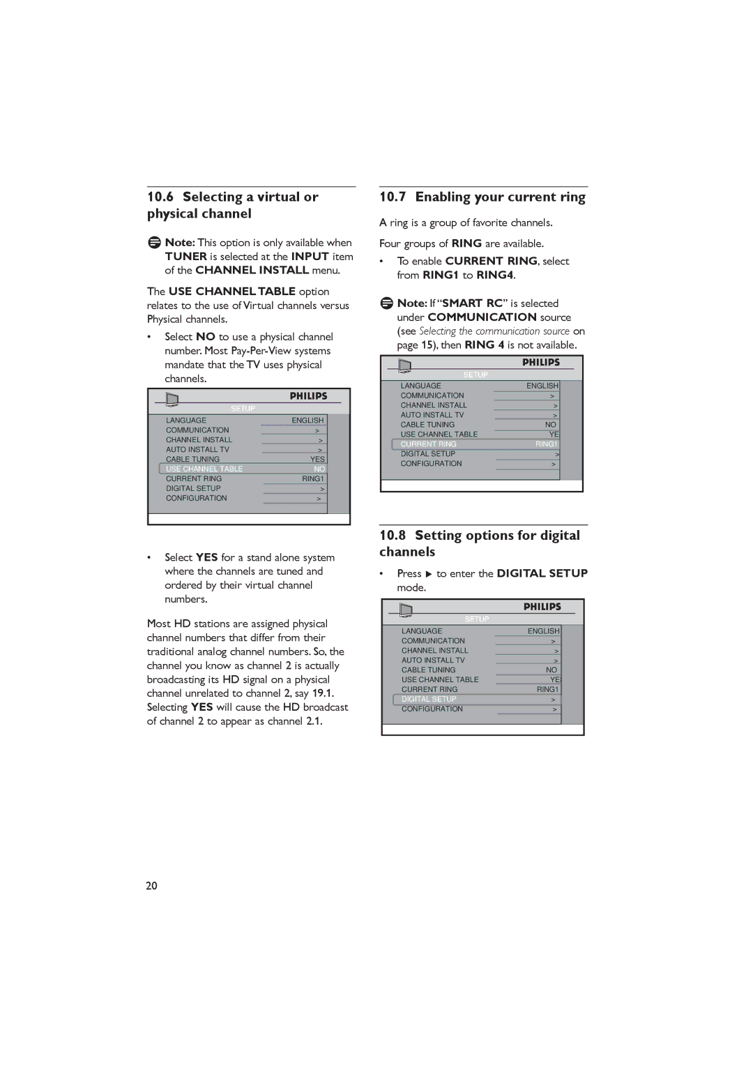 Dolby Laboratories RC2888/01, RC2573GR Selecting a virtual or physical channel, Enabling your current ring 