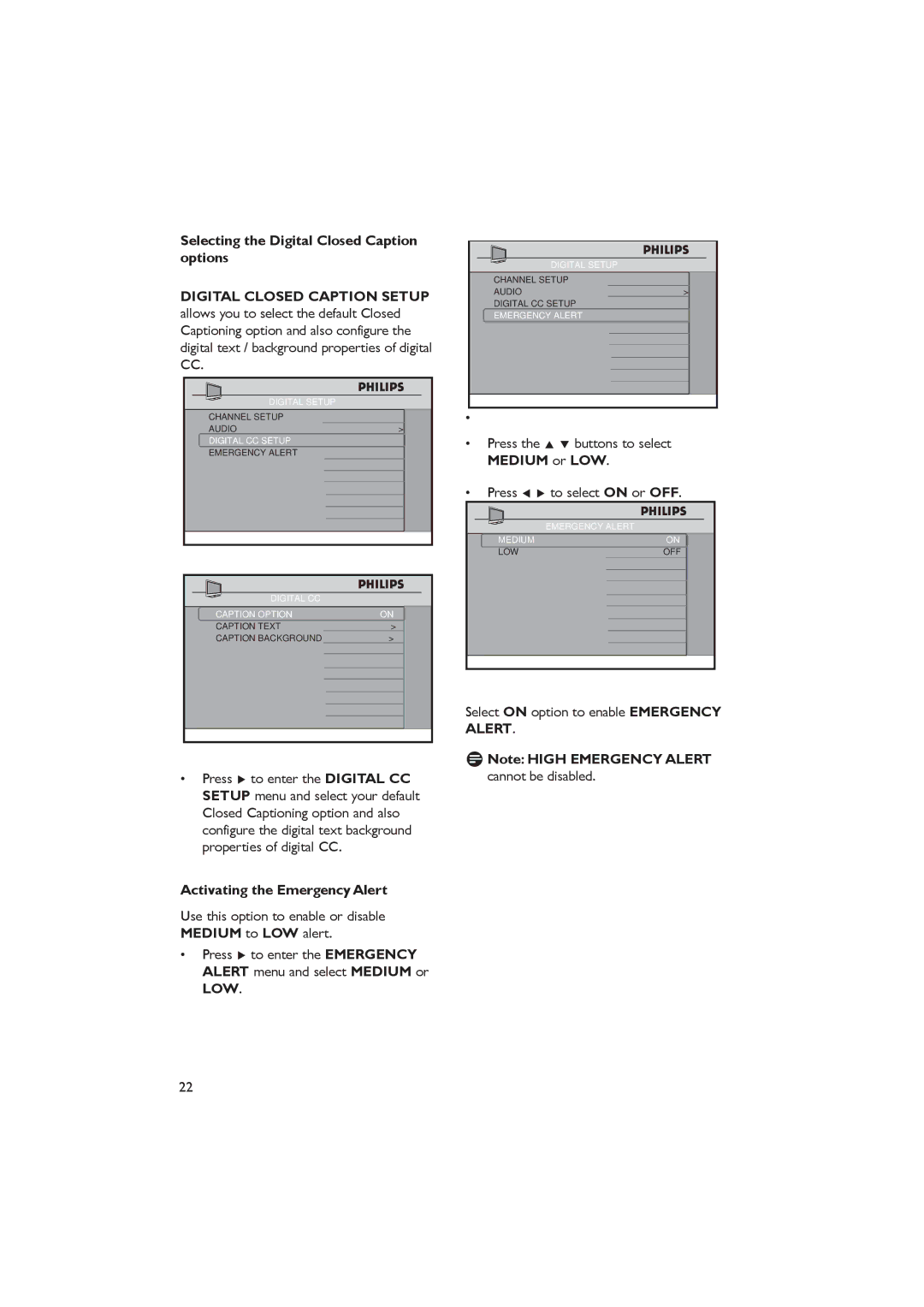 Dolby Laboratories RC2888/01, RC2573GR Activating the Emergency Alert, Select on option to enable Emergency Alert 