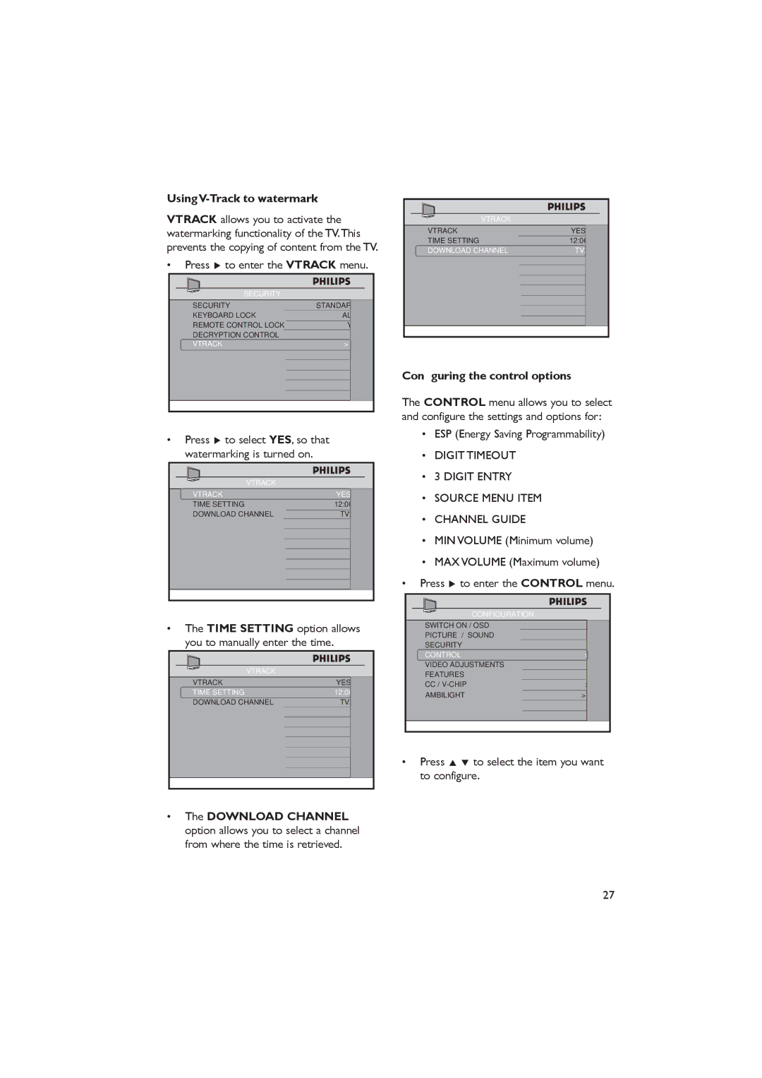 Dolby Laboratories RC2573GR Using V-Track to watermark, Press Æ to enter the Vtrack menu, Conﬁguring the control options 