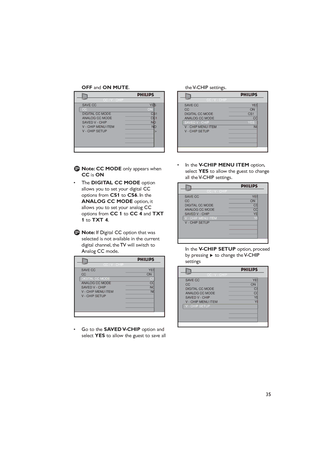 Dolby Laboratories RC2573GR, RC2888/01 OFF and on Mute, V-CHIP Menu Item option, CC is on, Digital CC Mode option, To TXT 