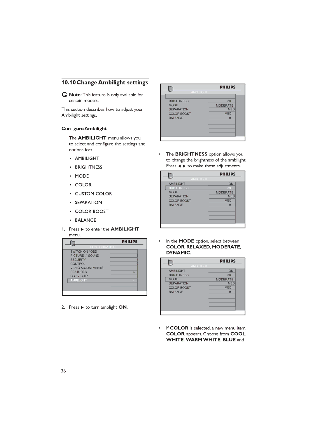 Dolby Laboratories RC2888/01 10.10Change Ambilight settings, Conﬁgure Ambilight, COLOR, RELAXED, MODERATE, Dynamic 