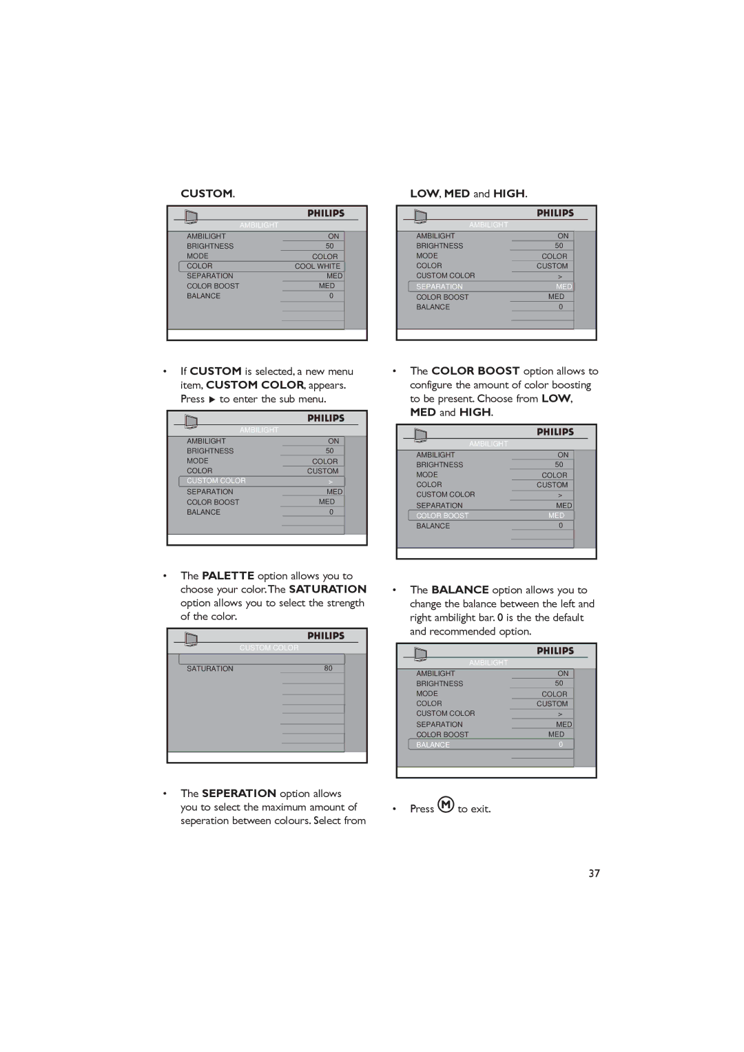 Dolby Laboratories RC2573GR, RC2888/01 important safety instructions Custom, LOW, MED and High, Press to exit 