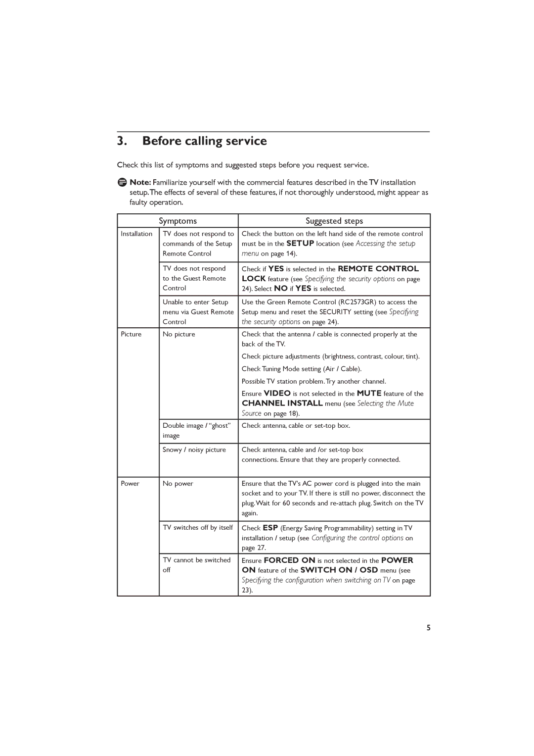 Dolby Laboratories RC2573GR, RC2888/01 important safety instructions Before calling service, Symptoms Suggested steps 