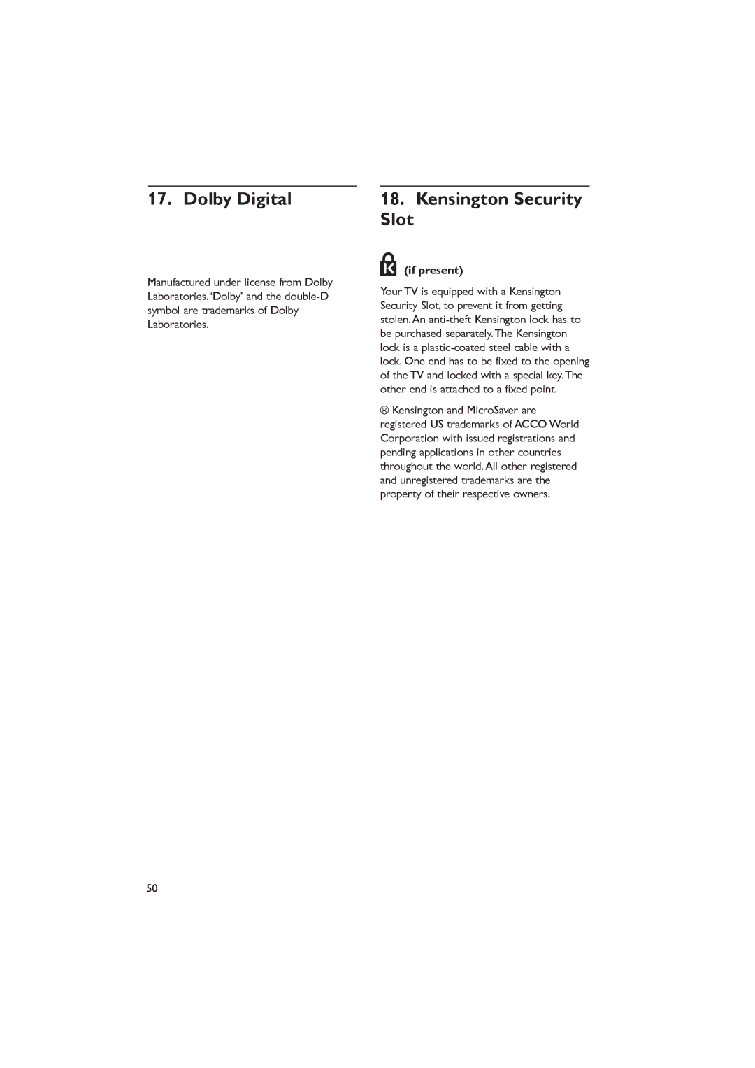 Dolby Laboratories RC2888/01, RC2573GR important safety instructions Dolby Digital, Kensington Security Slot, If present 