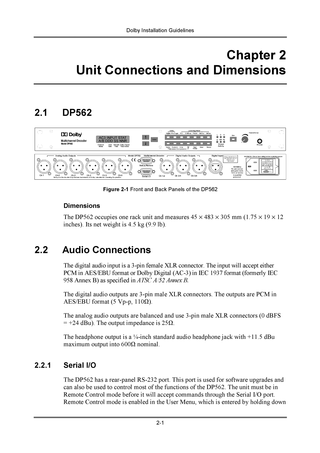 Dolby Laboratories S01/13621 manual Unit Connections and Dimensions, Audio Connections, Serial I/O 