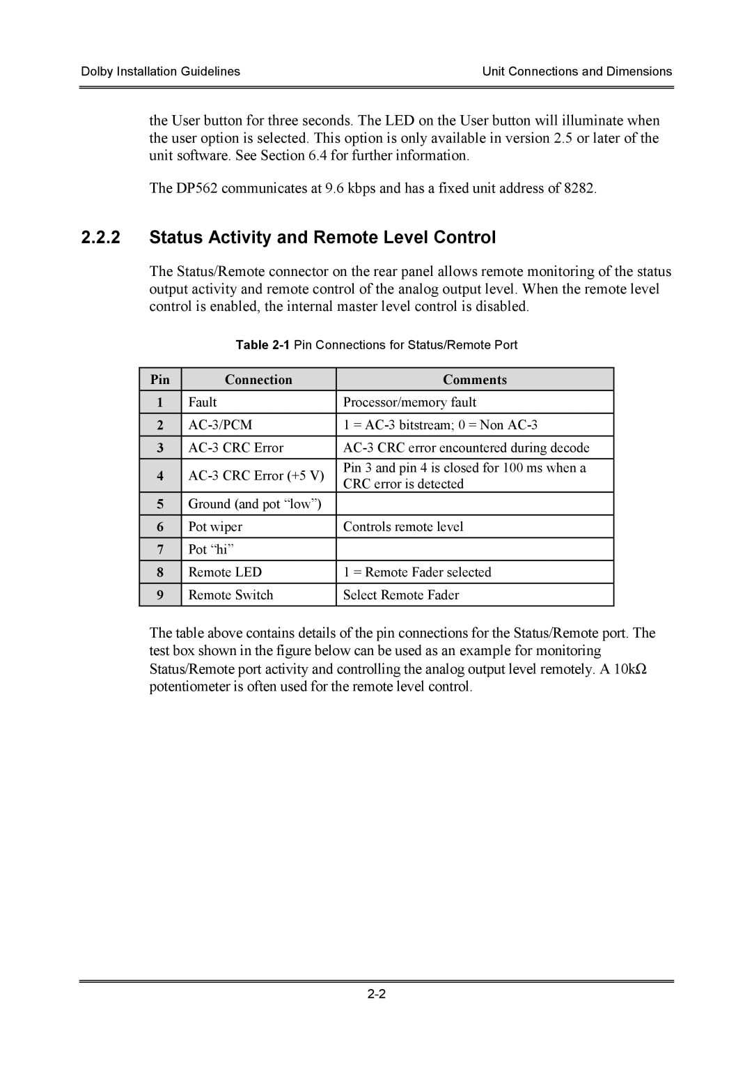 Dolby Laboratories S01/13621 manual Status Activity and Remote Level Control, Pin Connection Comments 