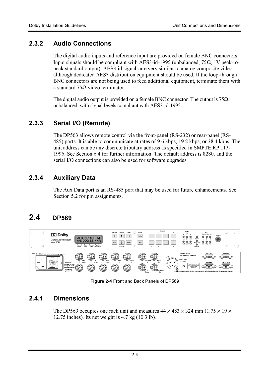 Dolby Laboratories S01/13621 manual Audio Connections, Serial I/O Remote, Auxiliary Data, DP569 