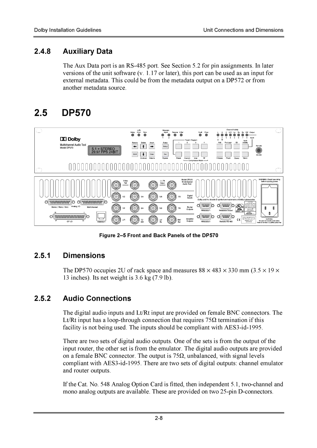 Dolby Laboratories S01/13621 manual Front and Back Panels of the DP570 