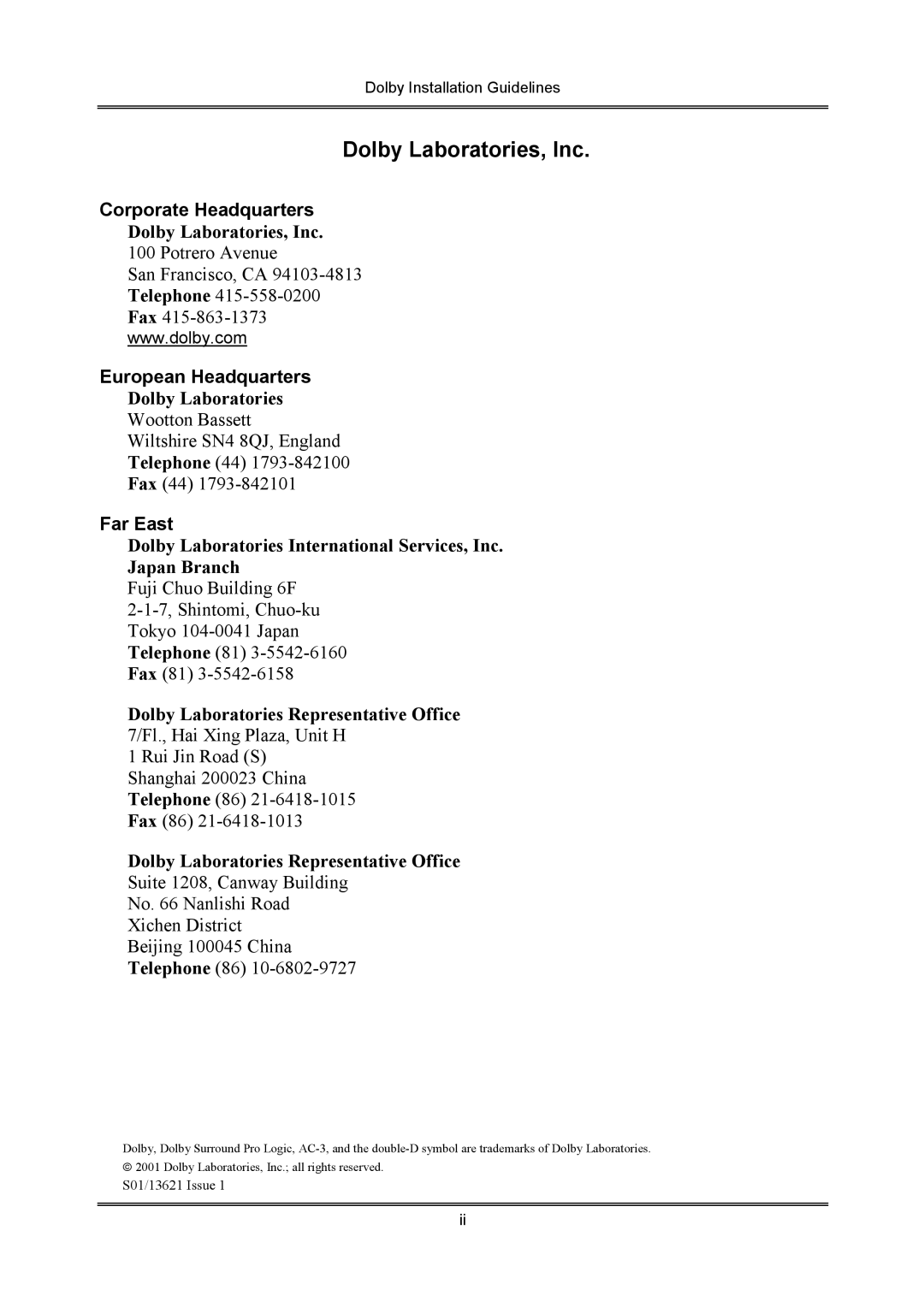 Dolby Laboratories S01/13621 manual Dolby Laboratories, Inc, Far East 