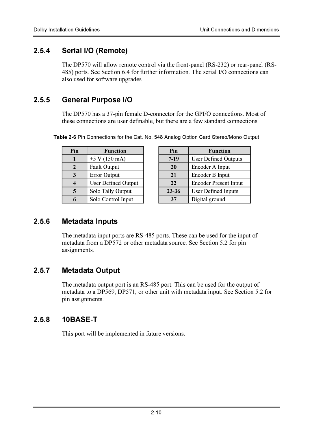 Dolby Laboratories S01/13621 manual Metadata Inputs, Metadata Output, 8 10BASE-T 