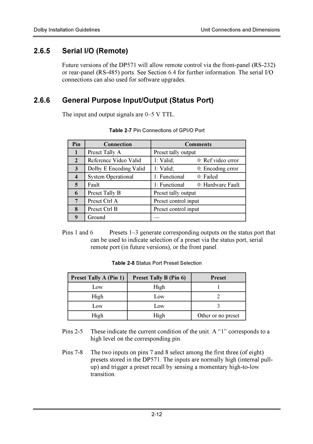 Dolby Laboratories S01/13621 manual General Purpose Input/Output Status Port, Input and output signals are 0-5 V TTL 