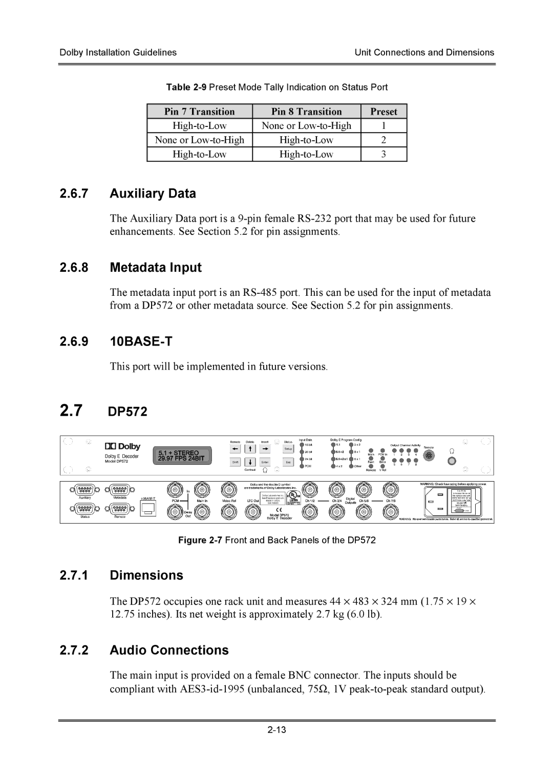 Dolby Laboratories S01/13621 manual Metadata Input, 9 10BASE-T, DP572 