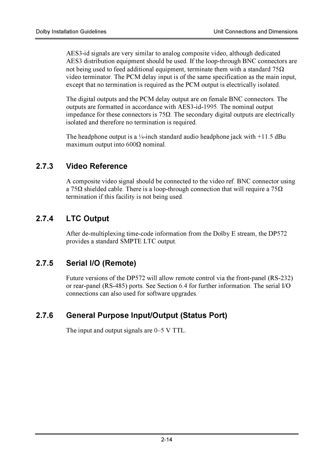 Dolby Laboratories S01/13621 manual Video Reference, LTC Output 