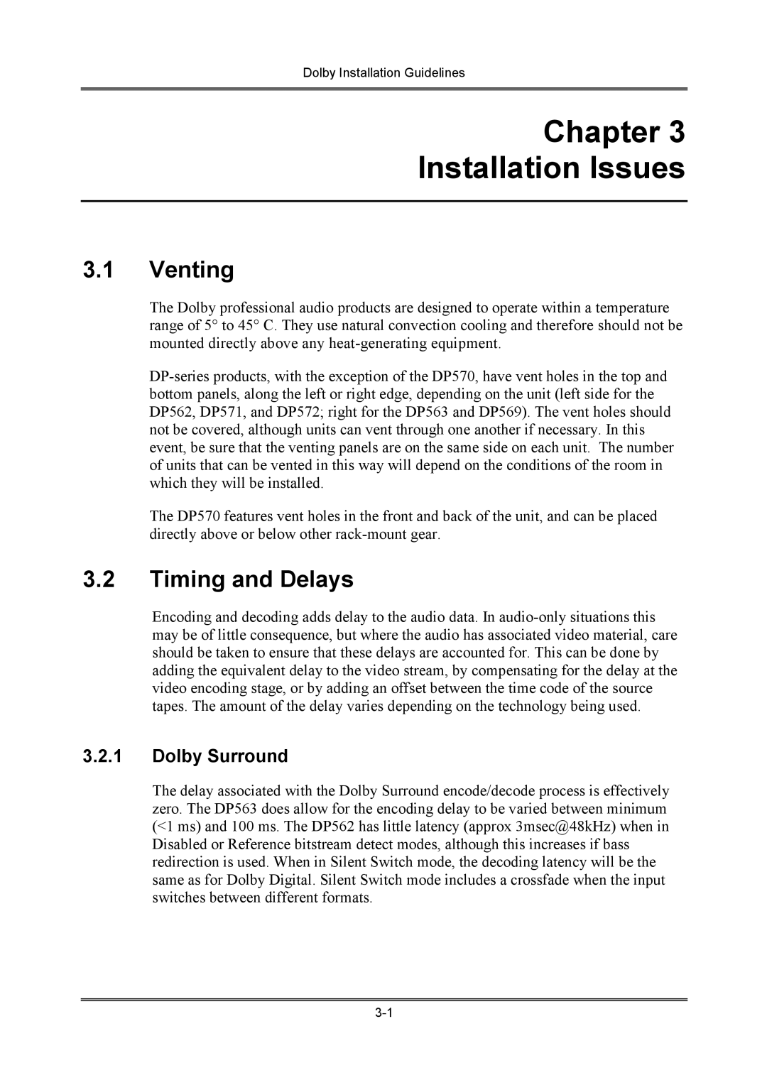 Dolby Laboratories S01/13621 manual Chapter Installation Issues, Venting, Timing and Delays, Dolby Surround 