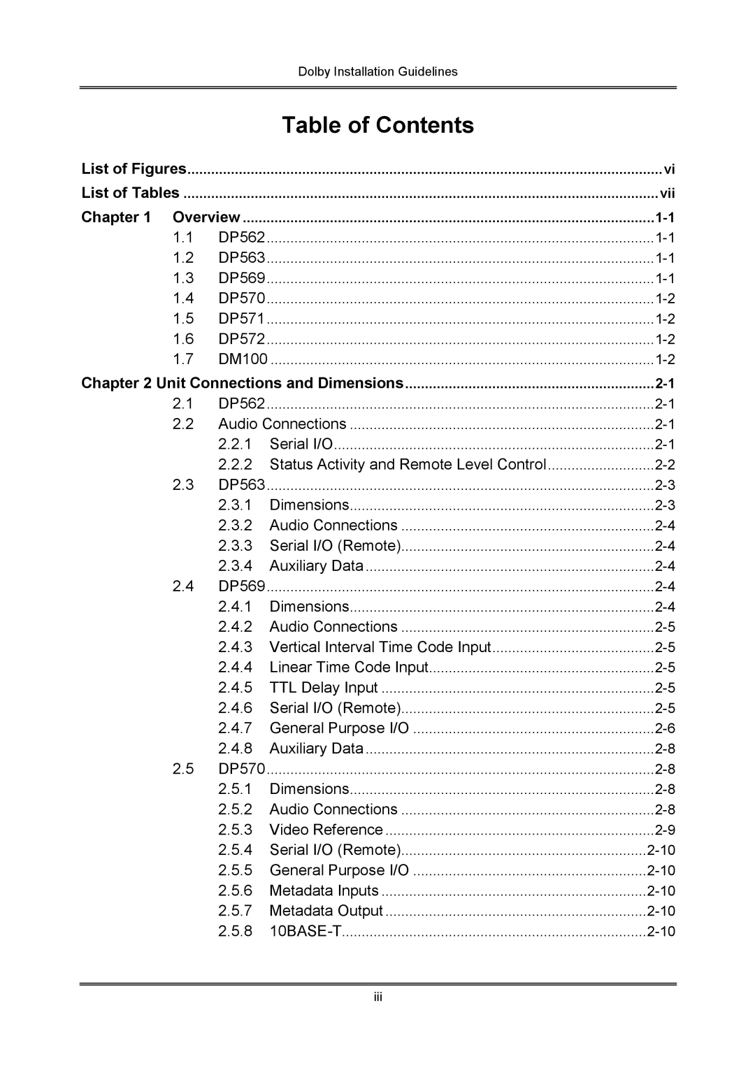 Dolby Laboratories S01/13621 manual Table of Contents 