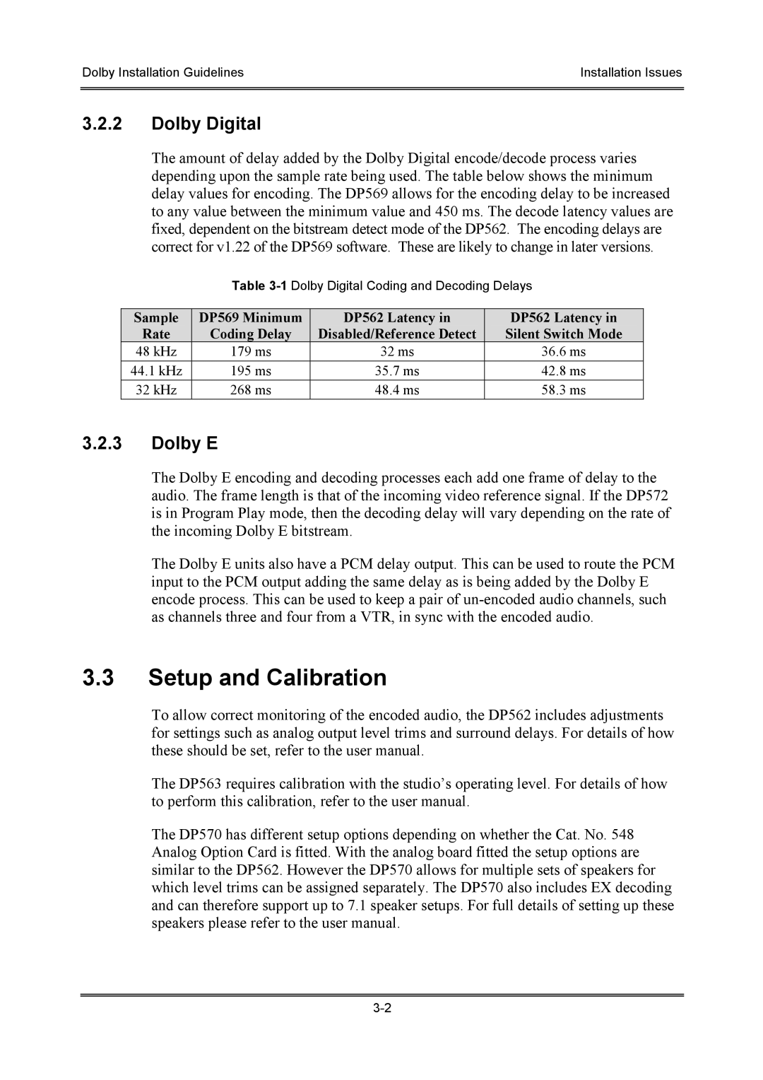 Dolby Laboratories S01/13621 manual Setup and Calibration, Dolby Digital, Dolby E 