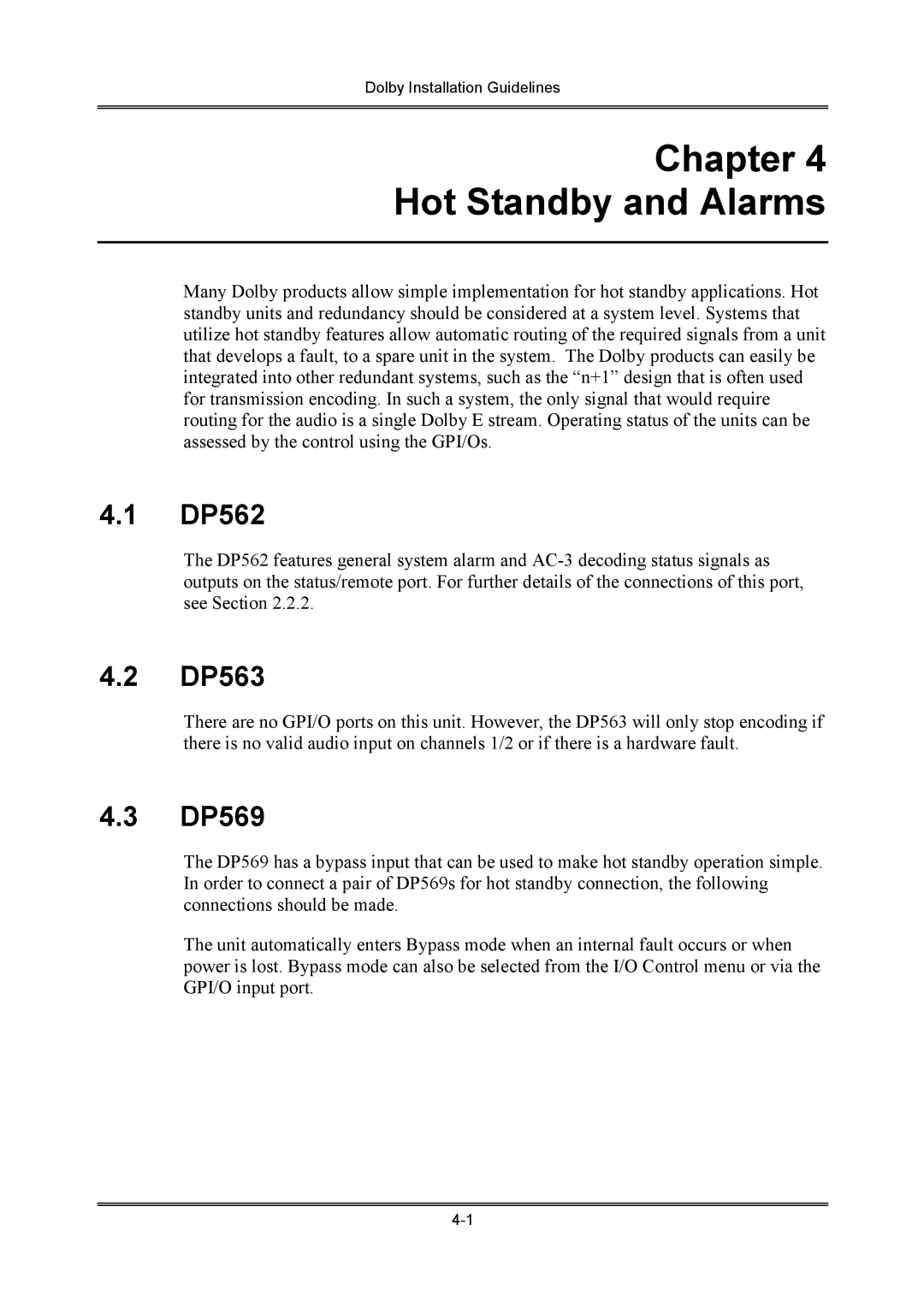 Dolby Laboratories S01/13621 manual Chapter Hot Standby and Alarms, DP562 