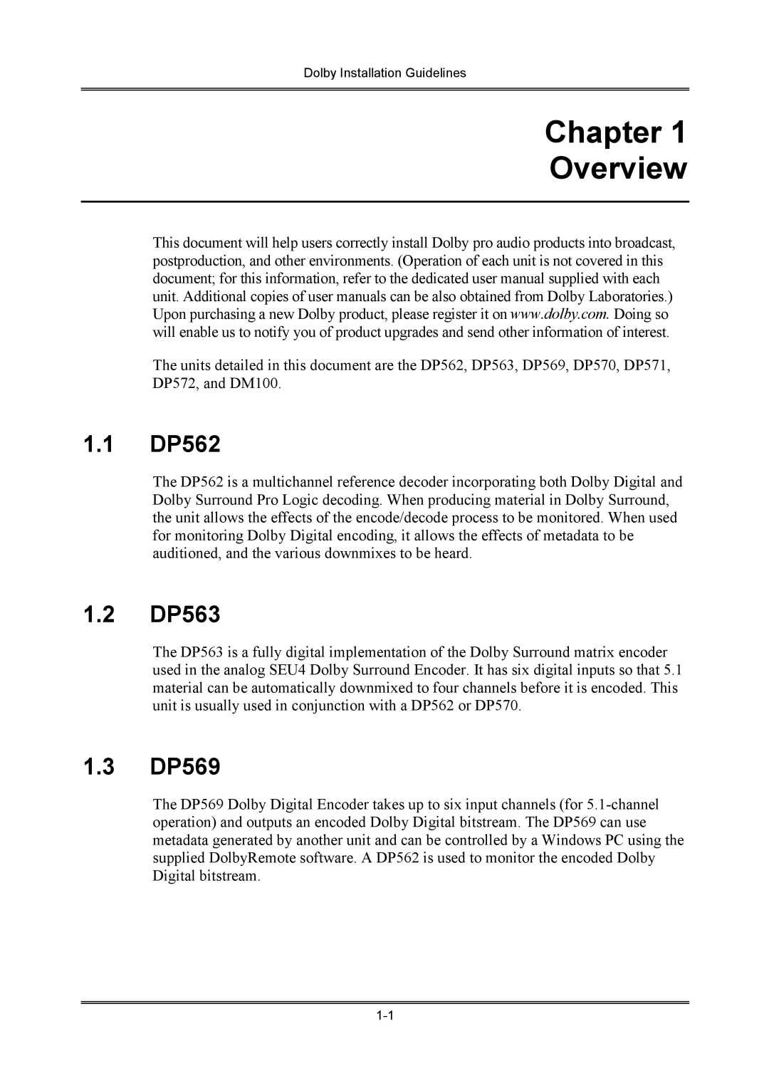 Dolby Laboratories S01/13621 manual Chapter Overview, DP562, DP563, DP569 