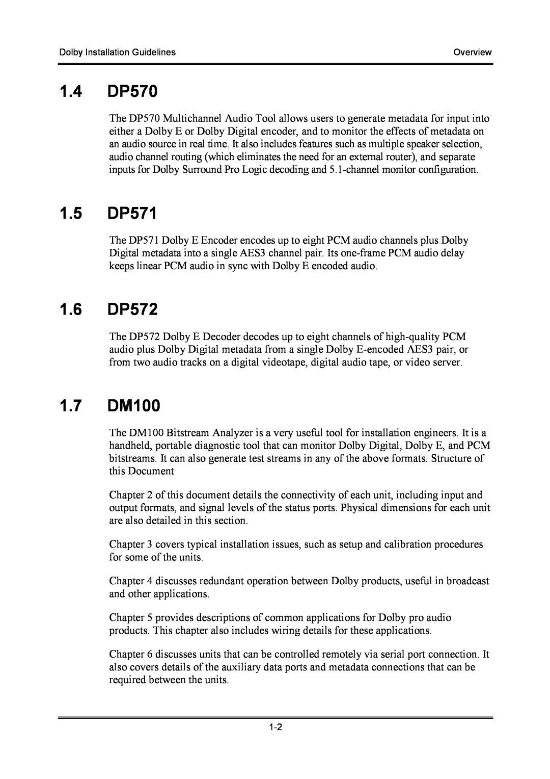 Dolby Laboratories S01/13621 manual 1.4DP570, 1.5DP571, 1.6DP572, 1.7DM100, Dolby Installation Guidelines, Overview 