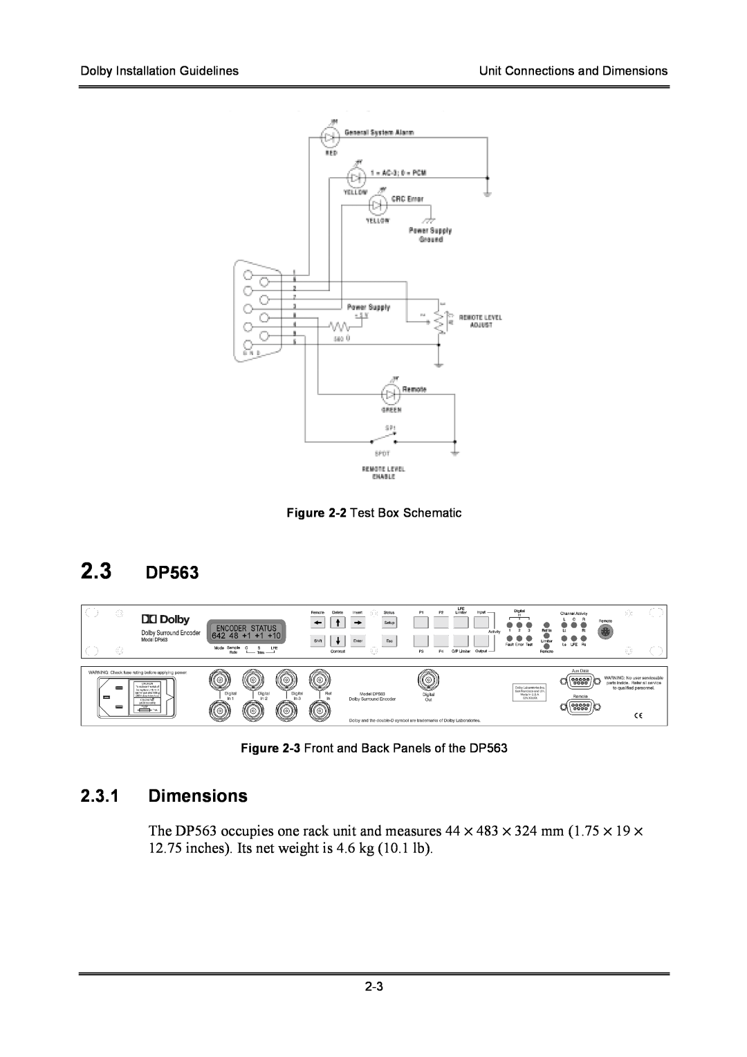 Dolby Laboratories S01/13621 2.3 DP563, 2.3.1Dimensions, Dolby Installation Guidelines, Unit Connections and Dimensions 