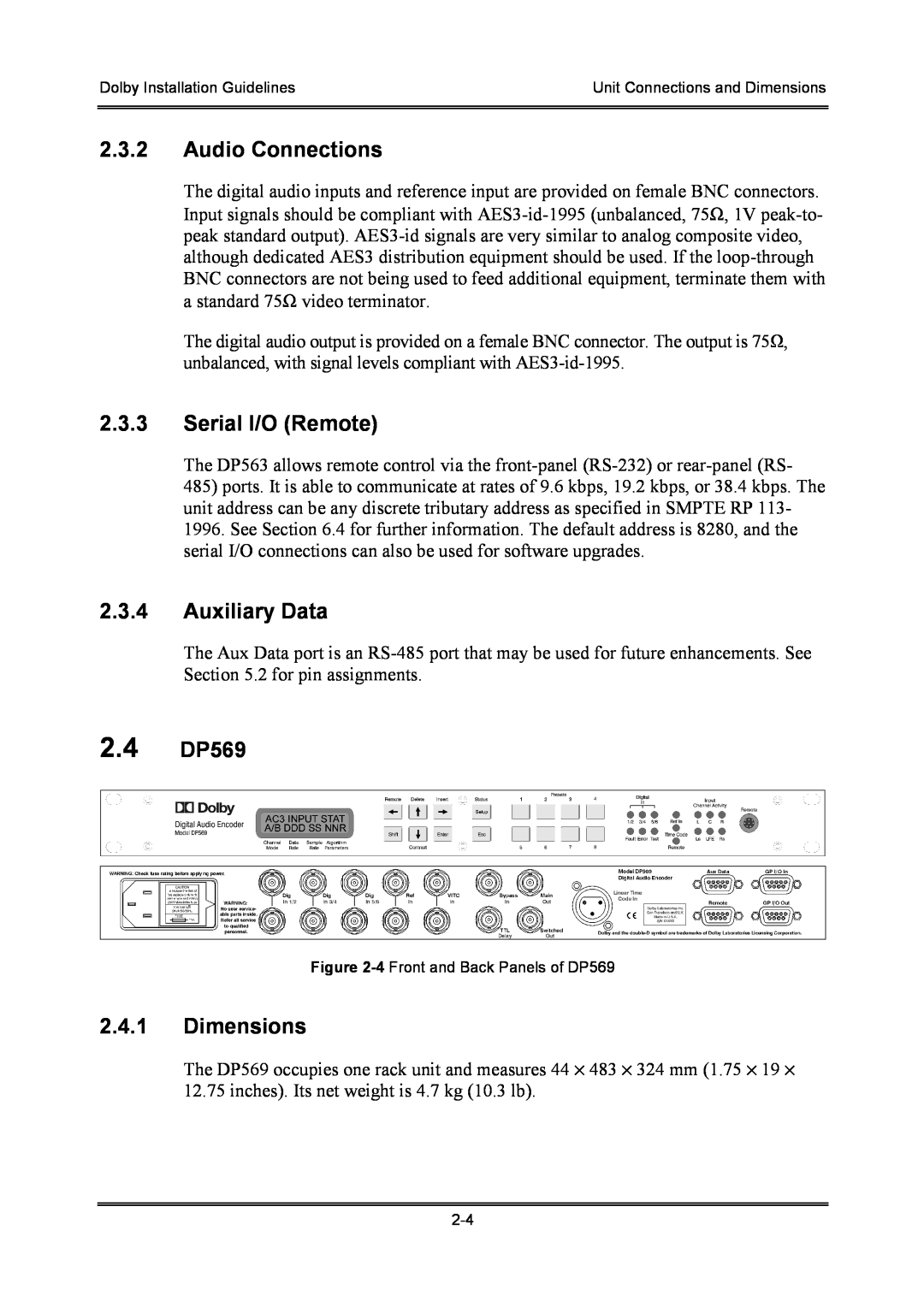 Dolby Laboratories S01/13621 manual 2.3.2Audio Connections, 2.3.3Serial I/O Remote, 2.3.4Auxiliary Data, 2.4 DP569 