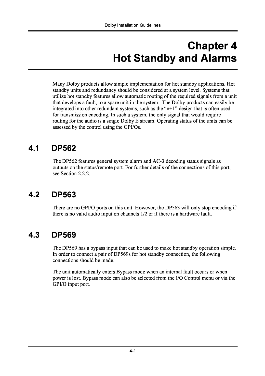 Dolby Laboratories S01/13621 manual Chapter Hot Standby and Alarms, 4.1DP562, 4.2DP563, 4.3DP569 