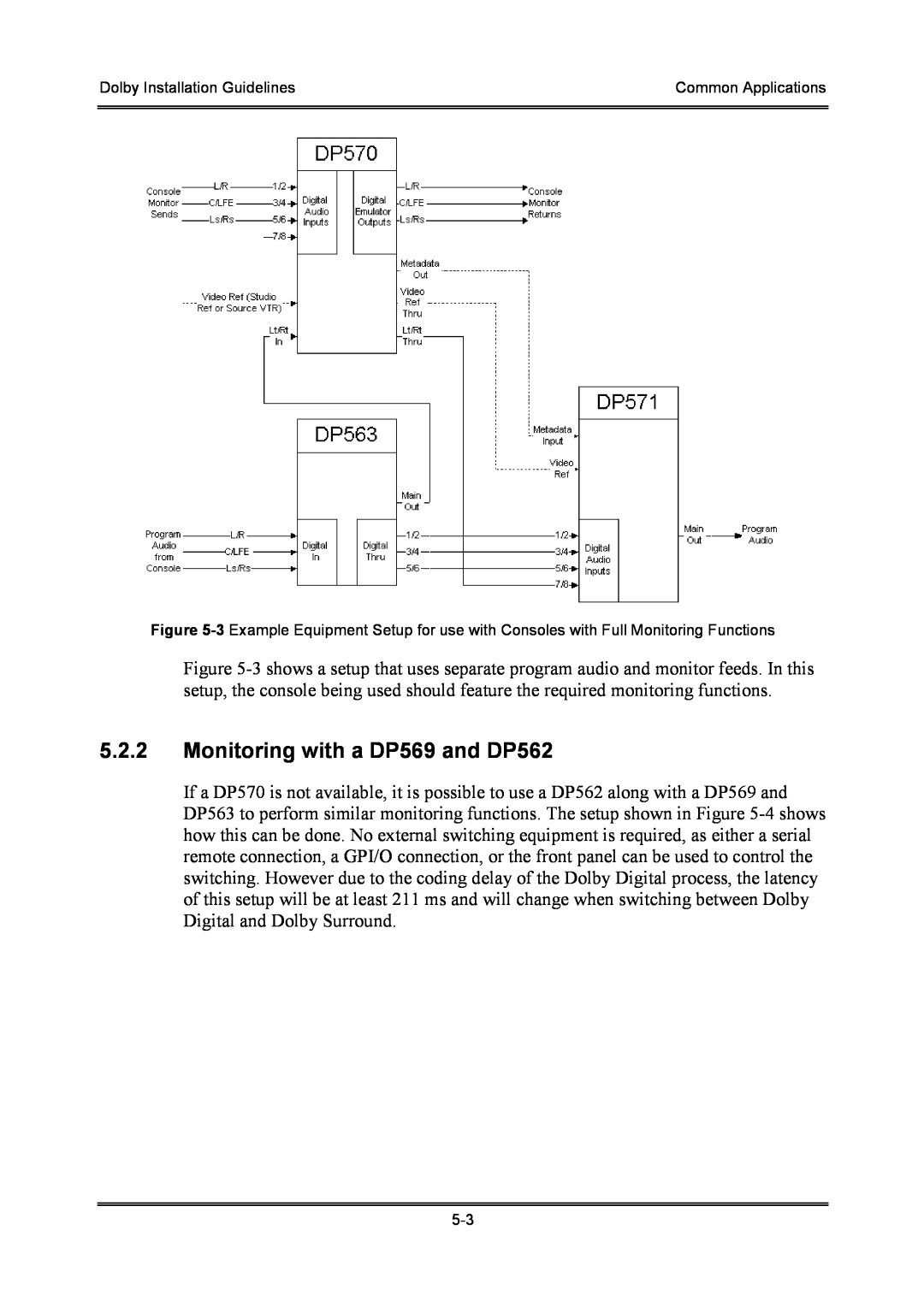 Dolby Laboratories S01/13621 5.2.2Monitoring with a DP569 and DP562, Dolby Installation Guidelines, Common Applications 