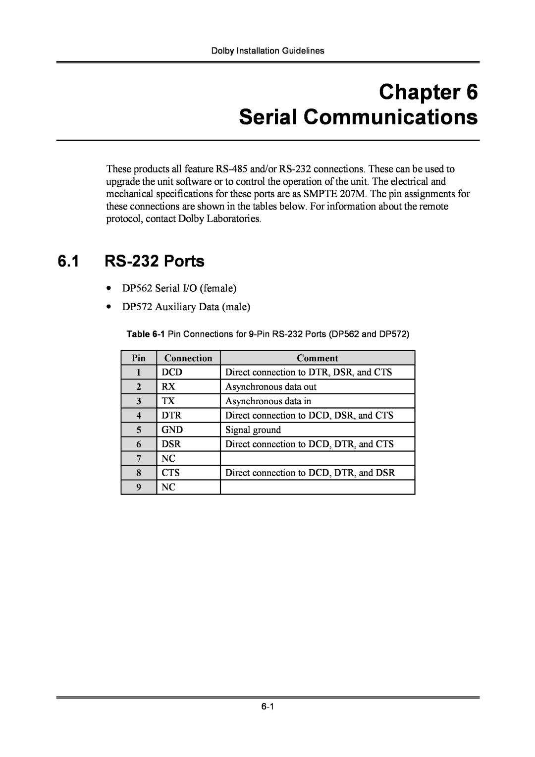 Dolby Laboratories S01/13621 manual Chapter Serial Communications, 6.1RS-232Ports 