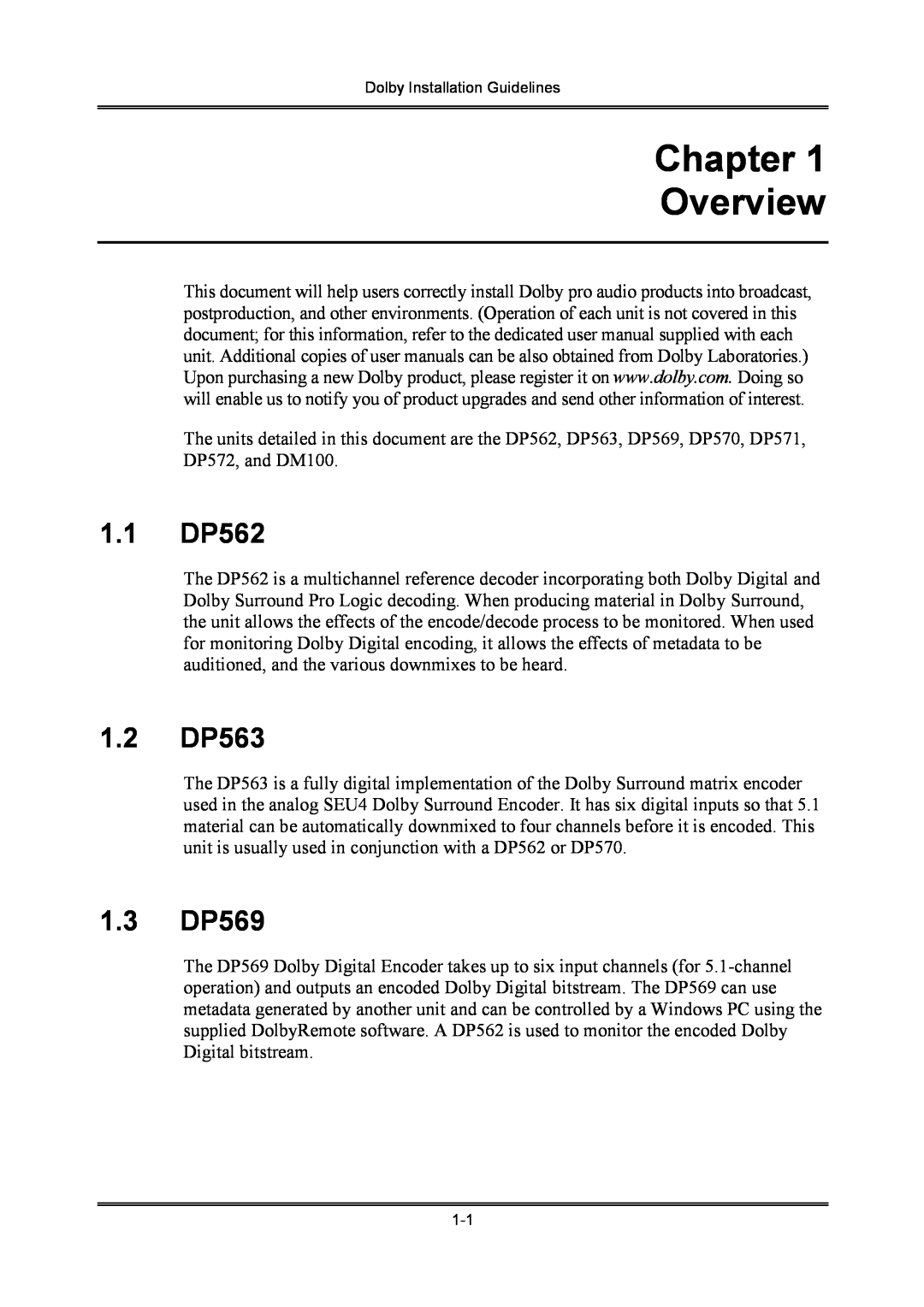 Dolby Laboratories S01/13621 manual Chapter Overview, 1.1DP562, 1.2DP563, 1.3DP569 
